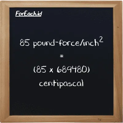 How to convert pound-force/inch<sup>2</sup> to centipascal: 85 pound-force/inch<sup>2</sup> (lbf/in<sup>2</sup>) is equivalent to 85 times 689480 centipascal (cPa)